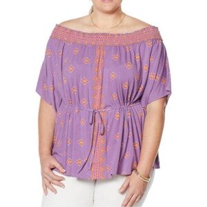 NEW! Colleen Lopez OTS Off-The-Shoulder-Smocked Neck Printed Peplum Top